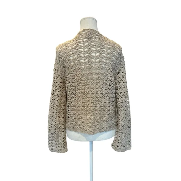 Vintage boho cottage crocheted handknit tan cardigan - Picture 2 of 5